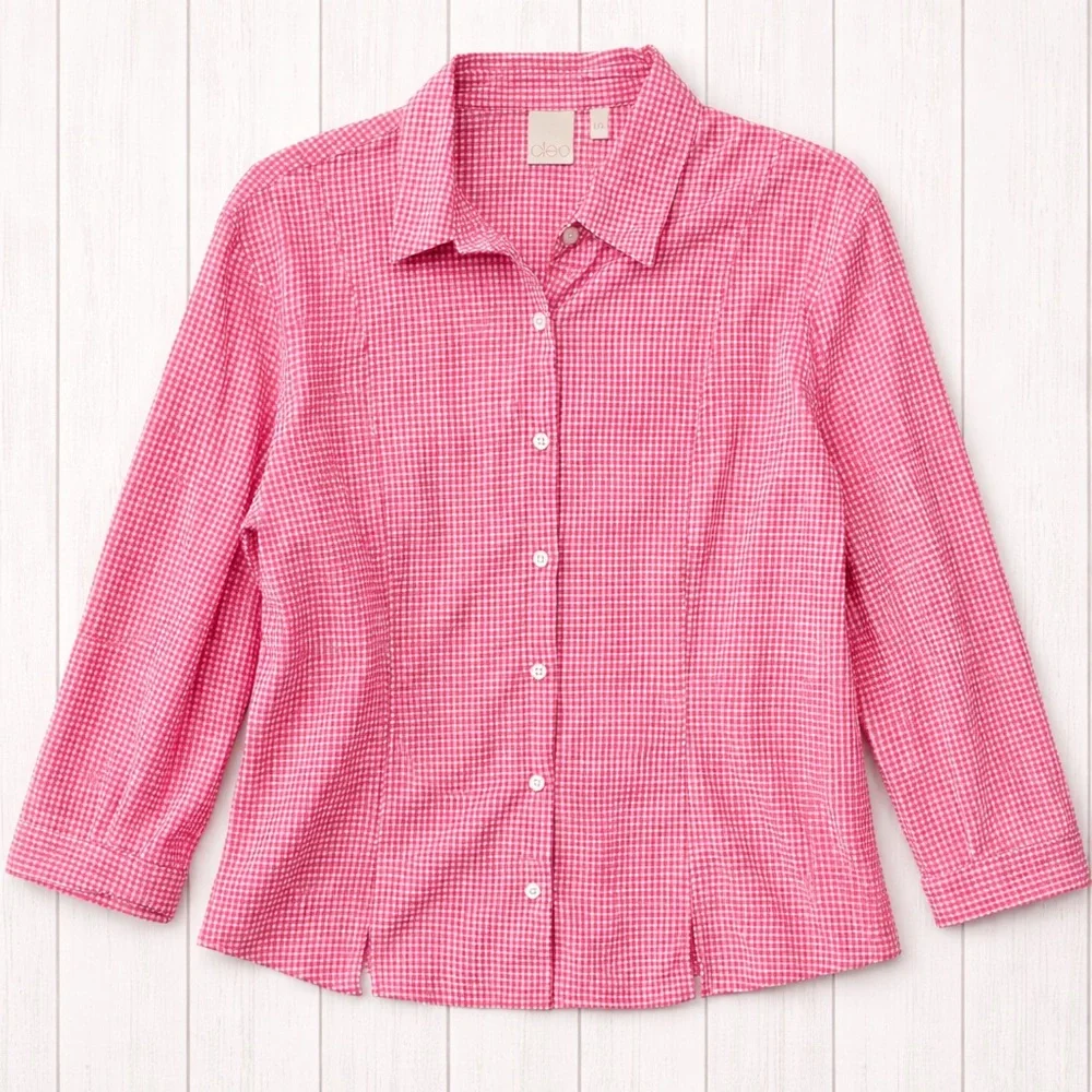 🩷 Cleo Pink & White Gingham Checkered Blouse Women’s Large Cotton Stretch - Picture 5 of 6